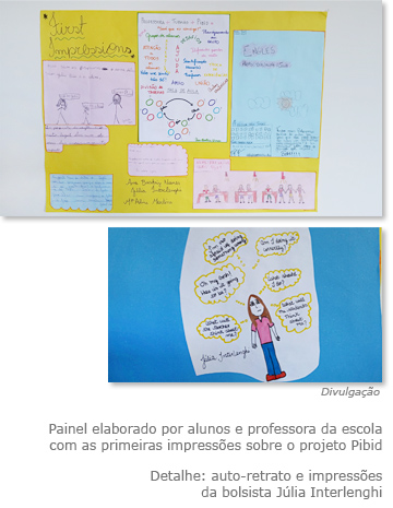 Painel elaborado por alunos e professora da escola com as primeiras impressões sobre o projeto Pibid. Detalhe: auto-retrato e impressões da bolsista Júlia Interlenghi