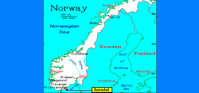 map of norway and surrounding countries. [Map of Norway with Arendal]